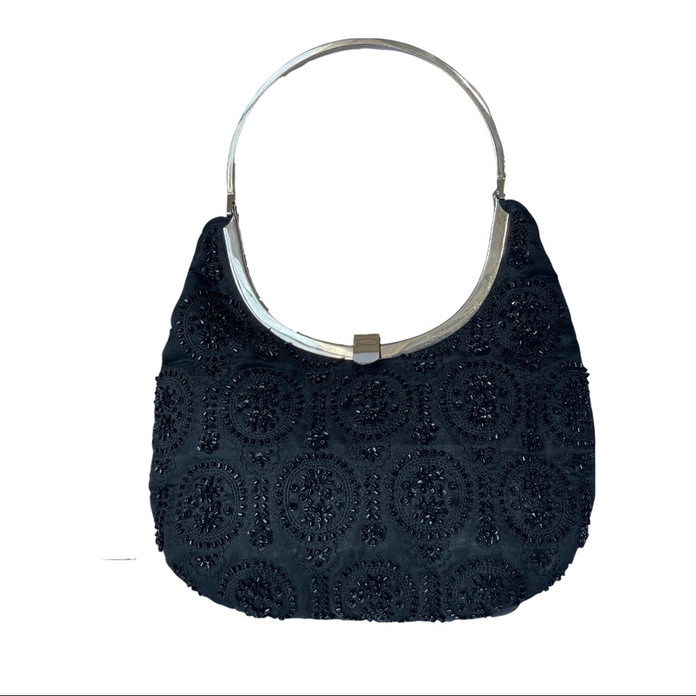Black Bead & Sequin Purse | Lord and Taylor | Silver Tone Frame | Formal Evening